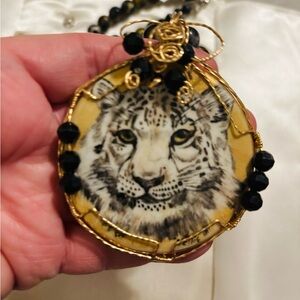 Hand Painted Gold and Black Leopard Pendant Necklace